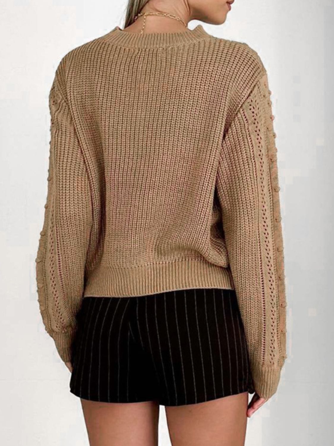 Rosy Brown Openwork Round Neck Long Sleeve Sweater