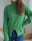 Front Slit Decorative Button Turtleneck Sweater