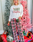 MERRY CHRISTMAS Round Neck Top and Plaid Pants Set