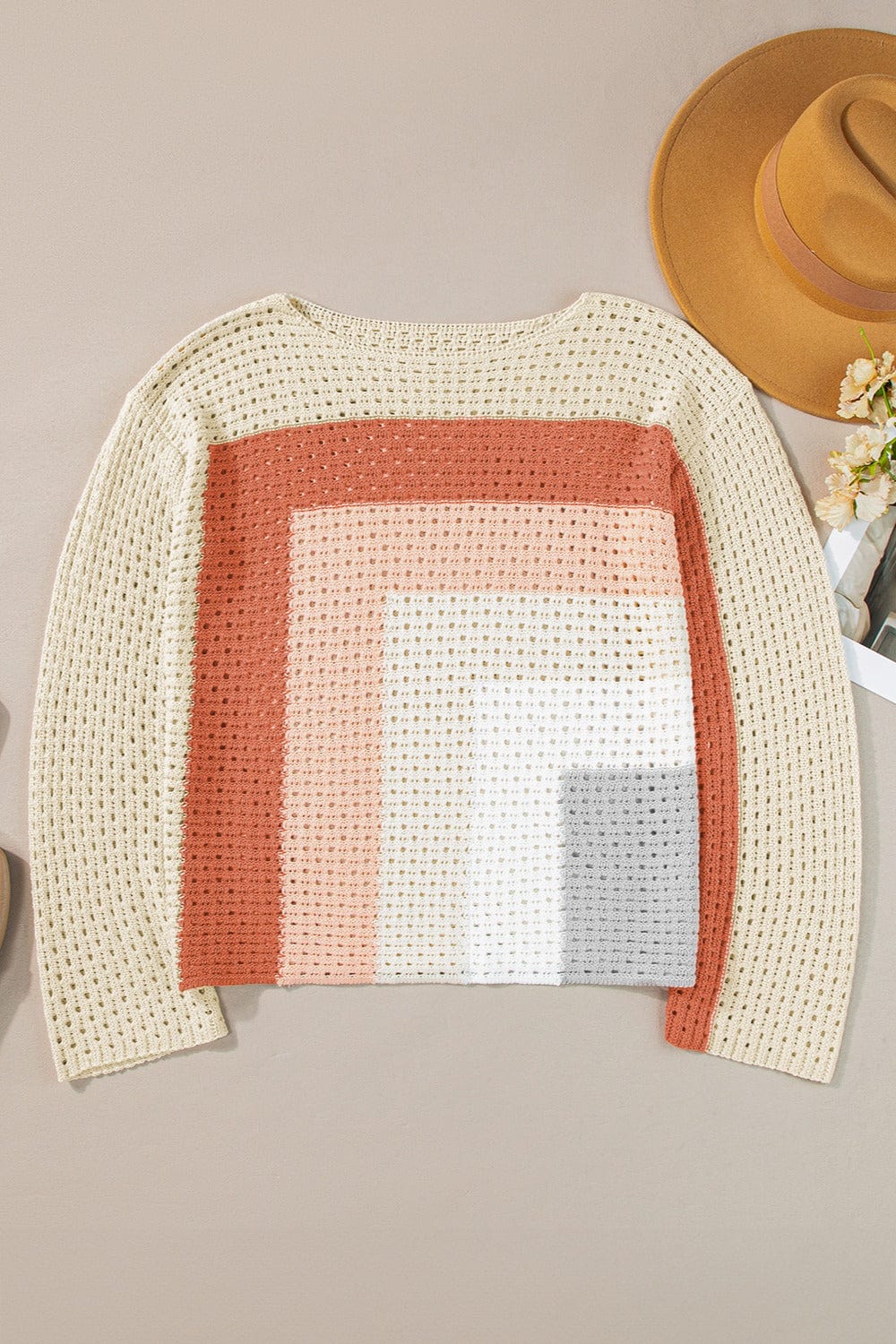 Gray Openwork Color Block Long Sleeve Knit Top