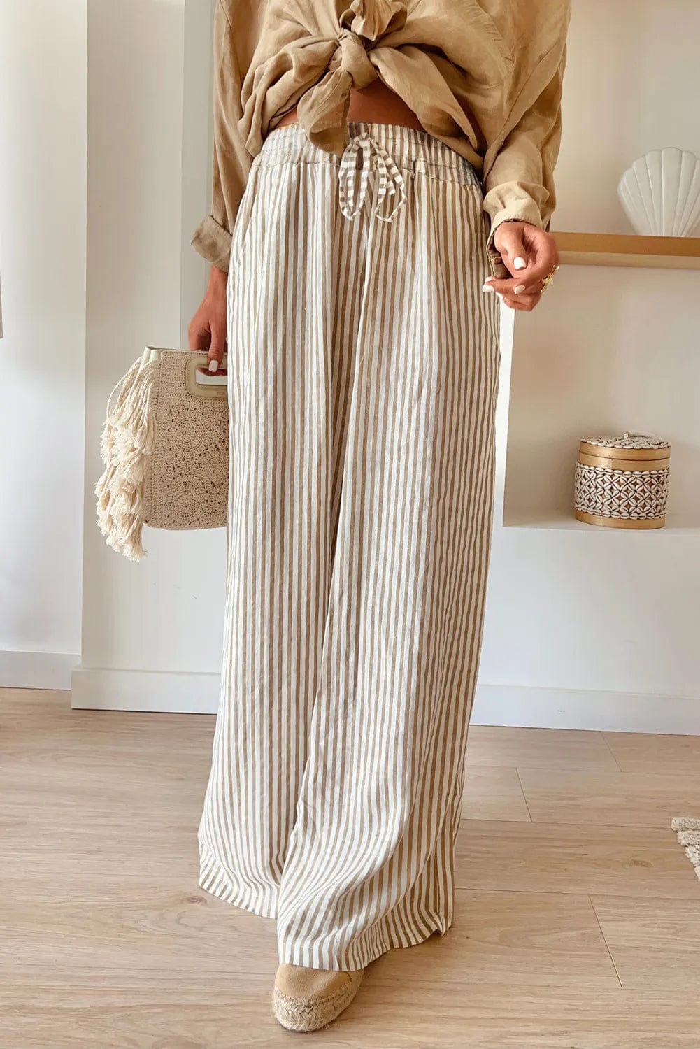 Rosy Brown Pocketed Striped Wide Leg Pants