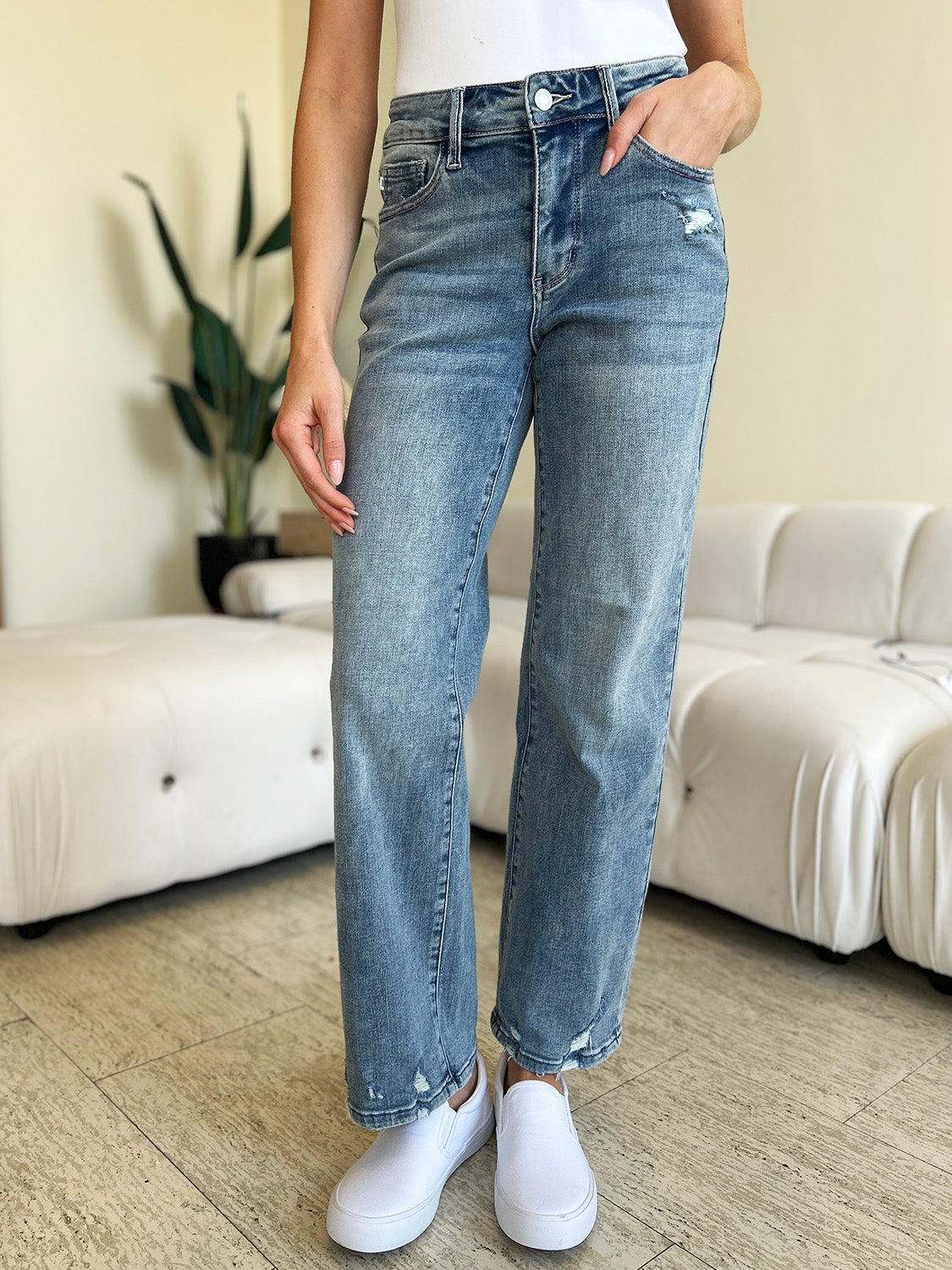 Gray Judy Blue Full Size High Waist Distressed Straight Jeans Sentient Beauty Fashions Apparel & Accessories