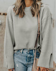 Slit Cuff Round Neck Long Sleeve Sweater