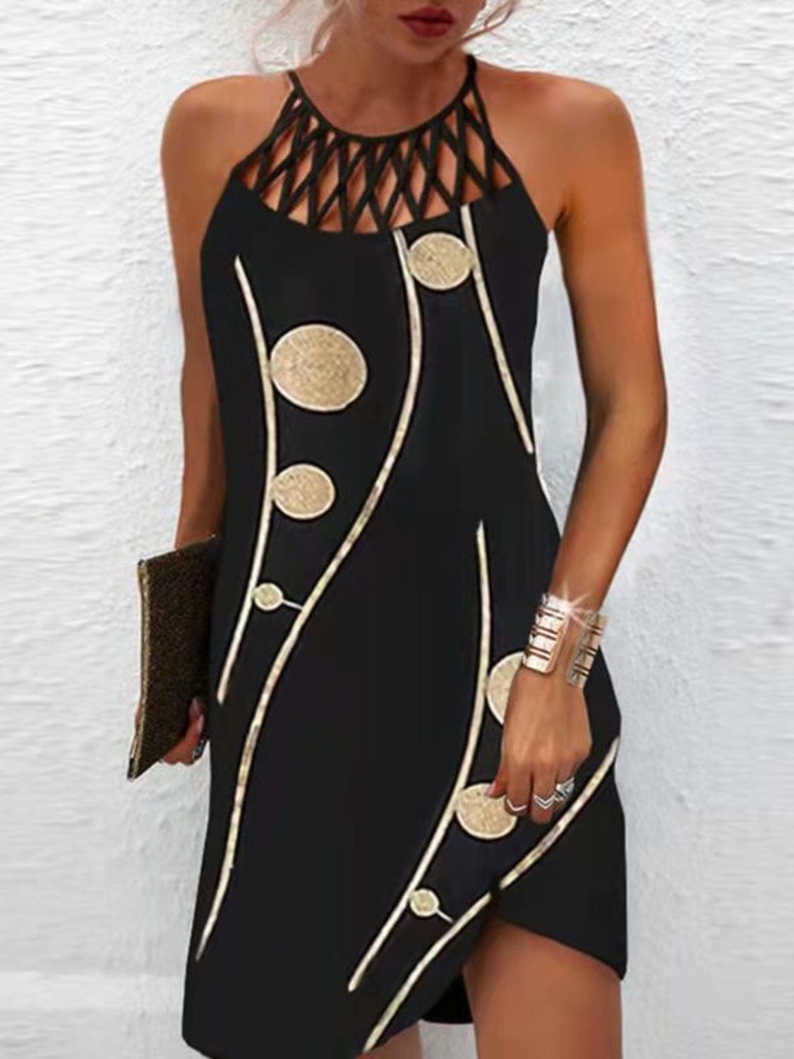 Black Printed Grecian Neck Mini Dress