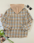 Drawstring Waffle Knit Patchwork Hooded Plaid Shacket