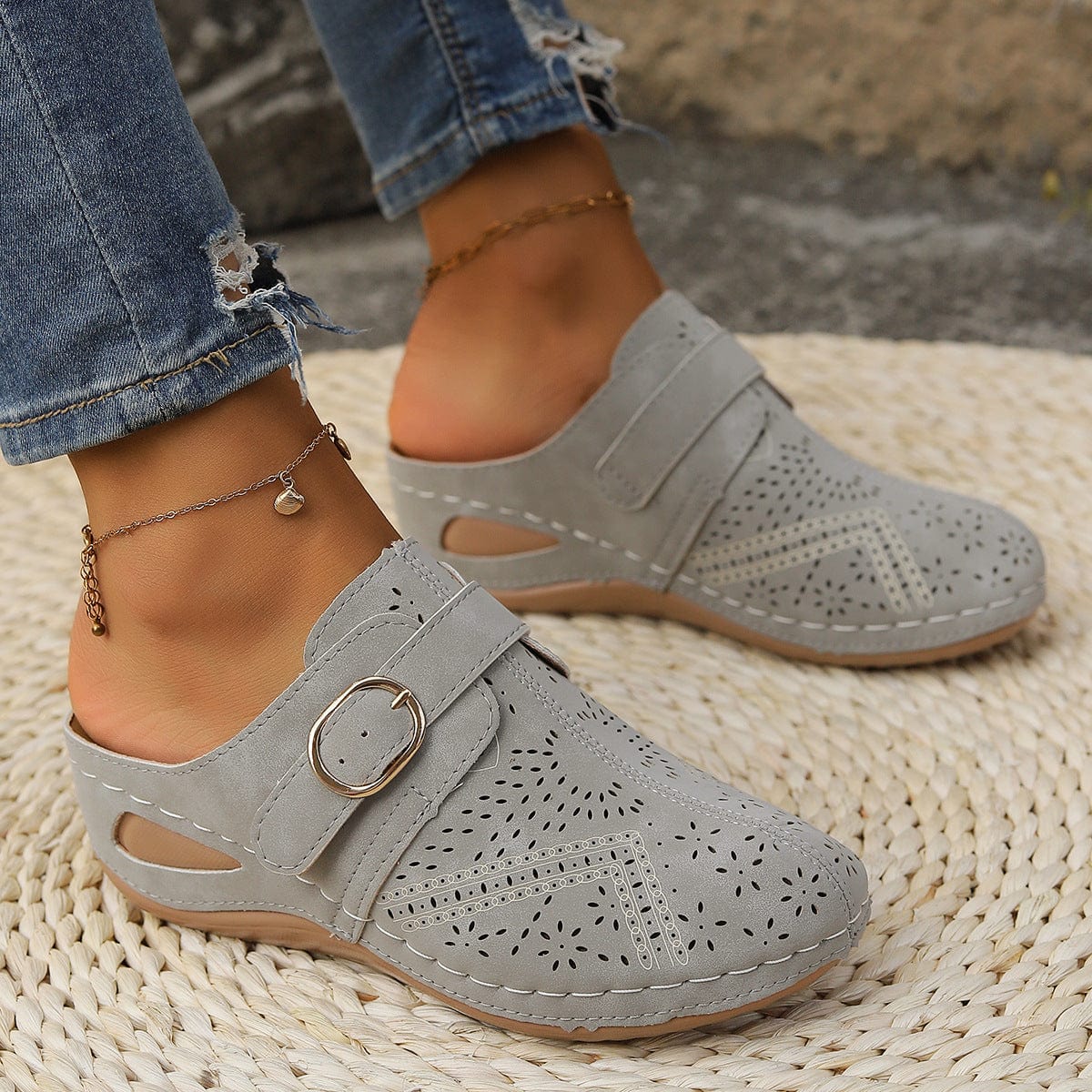 Slate Gray Suede Round Toe Wedge Sandals