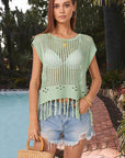 Dark Gray Openwork Cap Sleeve Knit Cover Up with Tassel