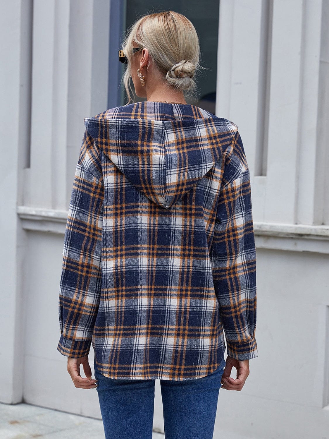 Gray Plaid Button Up Long Sleeve Hooded Jacket