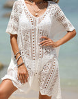 Gray Openwork Half Sleeve Cover-Up Sentient Beauty Fashions Apparel & Accessories