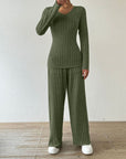 Ribbed V-Neck Long Sleeve Top and Pocketed Pants Set