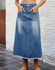 Raw Hem Buttoned Denim Skirt with Pockets