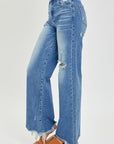 Steel Blue Risen Full Size High Rise Frayed Hem Wide Leg Jeans