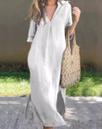 Light Slate Gray Full Size Notched Half Sleeve Midi Dress