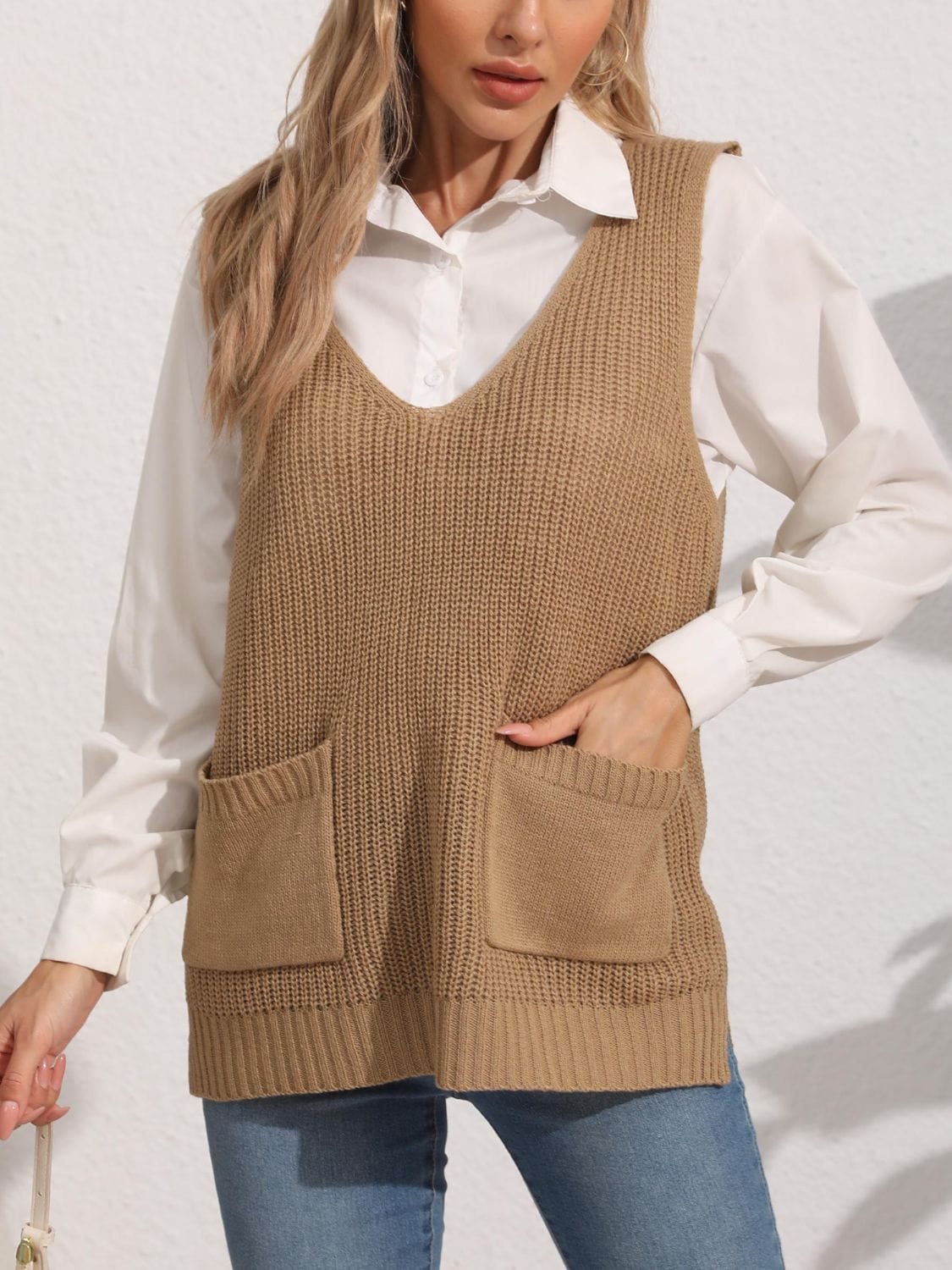 Light Gray Pocketed V-Neck Sweater Vest