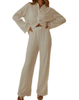 Collared Neck Long Sleeve Top and Pants Lounge Set