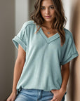 Dim Gray Textured V-Neck Short Sleeve Top