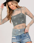 Light Gray SAGE + FIG Mesh Long Sleeve Sheer Floral Embroidery Top Sentient Beauty Fashions Apparel & Accessories
