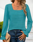 Striped Square Neck Flounce Sleeve Top