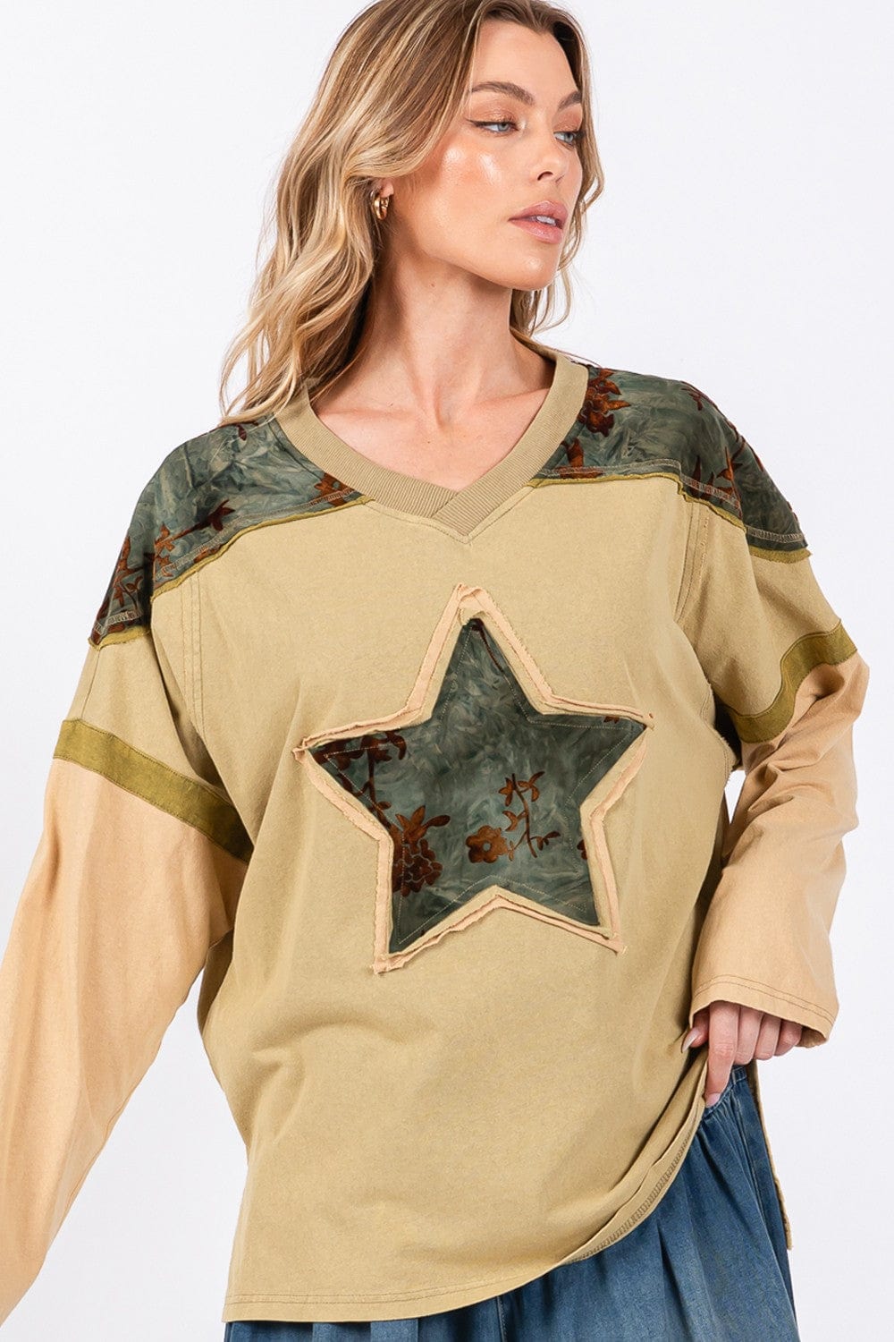 Tan SAGE + FIG Star Patch Long Sleeve Color Block T-Shirt