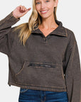 Zenana Acid Wash Fleece Half Snap Sweatshirt with Pocket