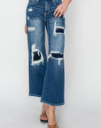 Risen Full Size High Rise Patch Detailed Wide Leg Crop Jeans