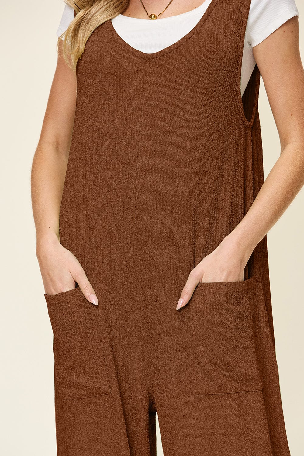 Saddle Brown Double Take Full Size Texture Sleeveless Wide Leg Jumpsuit