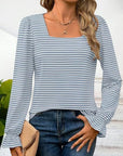 Striped Square Neck Flounce Sleeve Top