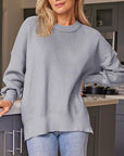 Light Slate Gray Slit Round Neck Dropped Shoulder Sweater