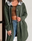 Drawstring Button Up Long Sleeve Hooded Jacket