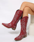 PU Leather Embroidered Geometric Point Toe Boots