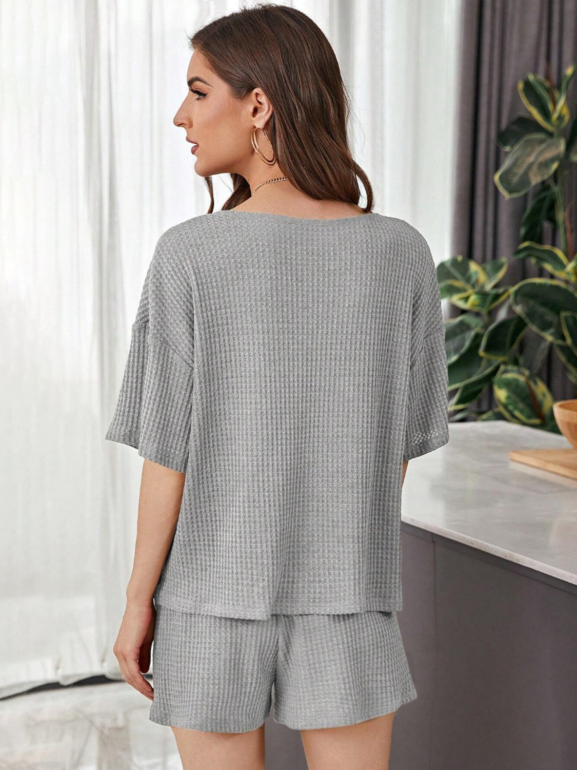 Gray Full Size Waffle-Knit Dropped Shoulder Top and Shorts Set Sentient Beauty Fashions Apaparel & Accessories