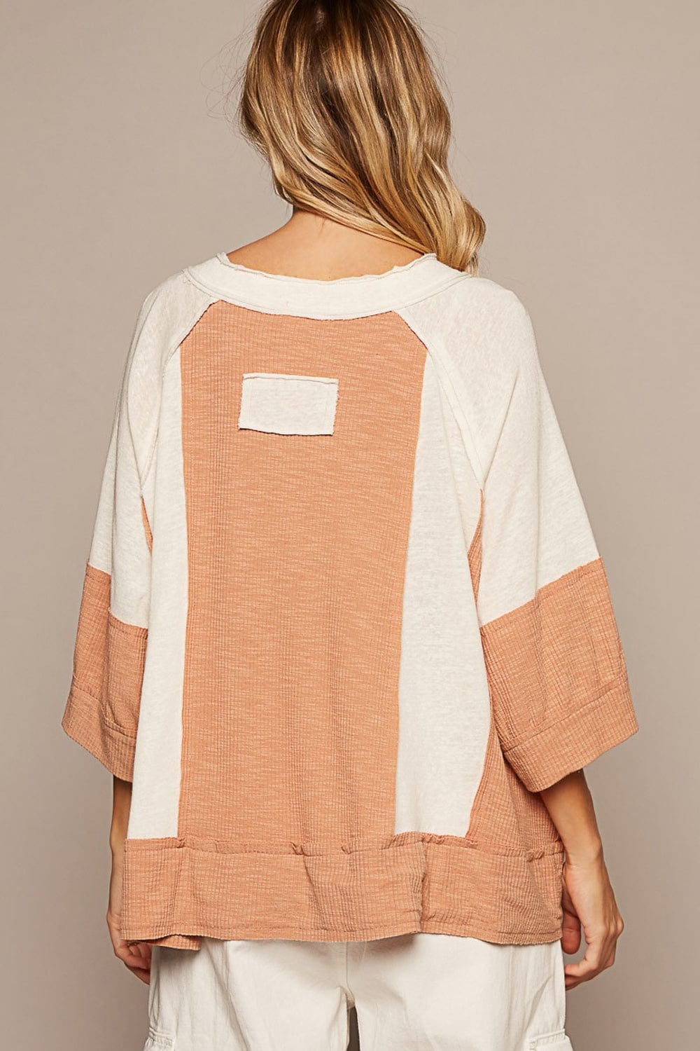 Tan POL Notched Frayed Edge Contrast Top