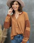 Notched Neck Waffle-Knit Blouse