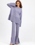 Basic Bae Slit Round Neck Long Sleeve Top and Drawstring Pants Sweater Set