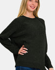 Zenana Side Slit Raglan Sleeve Sweater