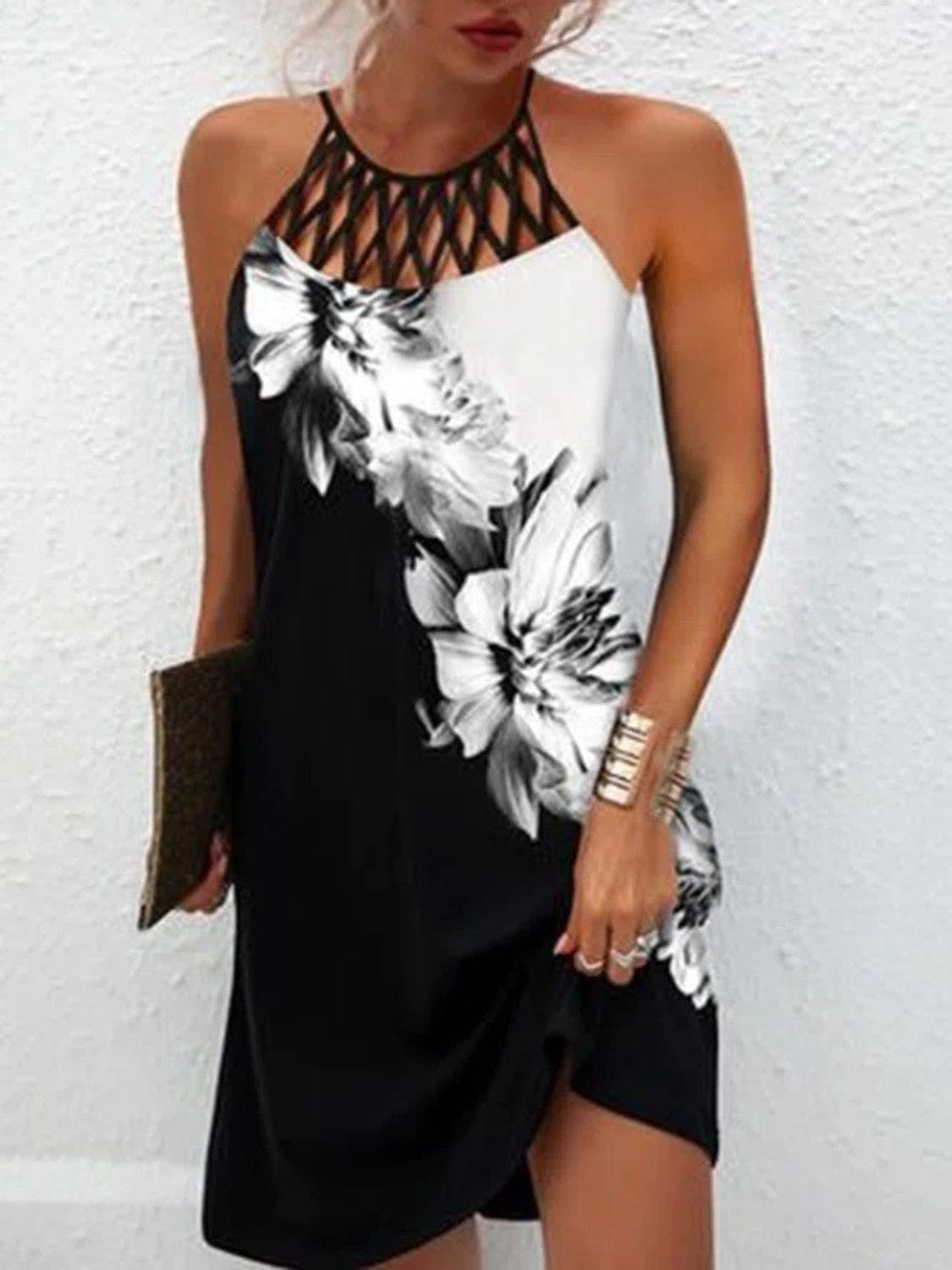 Black Printed Grecian Neck Mini Dress