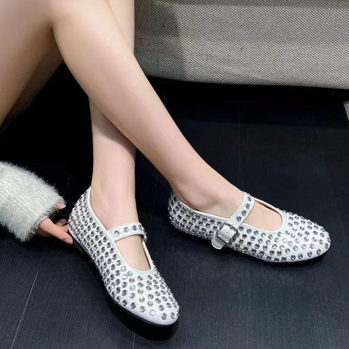 Gray PU Leather Studded Flat Loafers