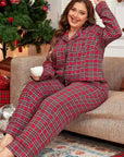 Plus Size Plaid Collared Neck Top and Pants Lounge Set