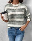 Perfee Contrast Round Neck Long Sleeve Sweater