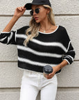 Gray Striped Round Neck Long Sleeve Sweater