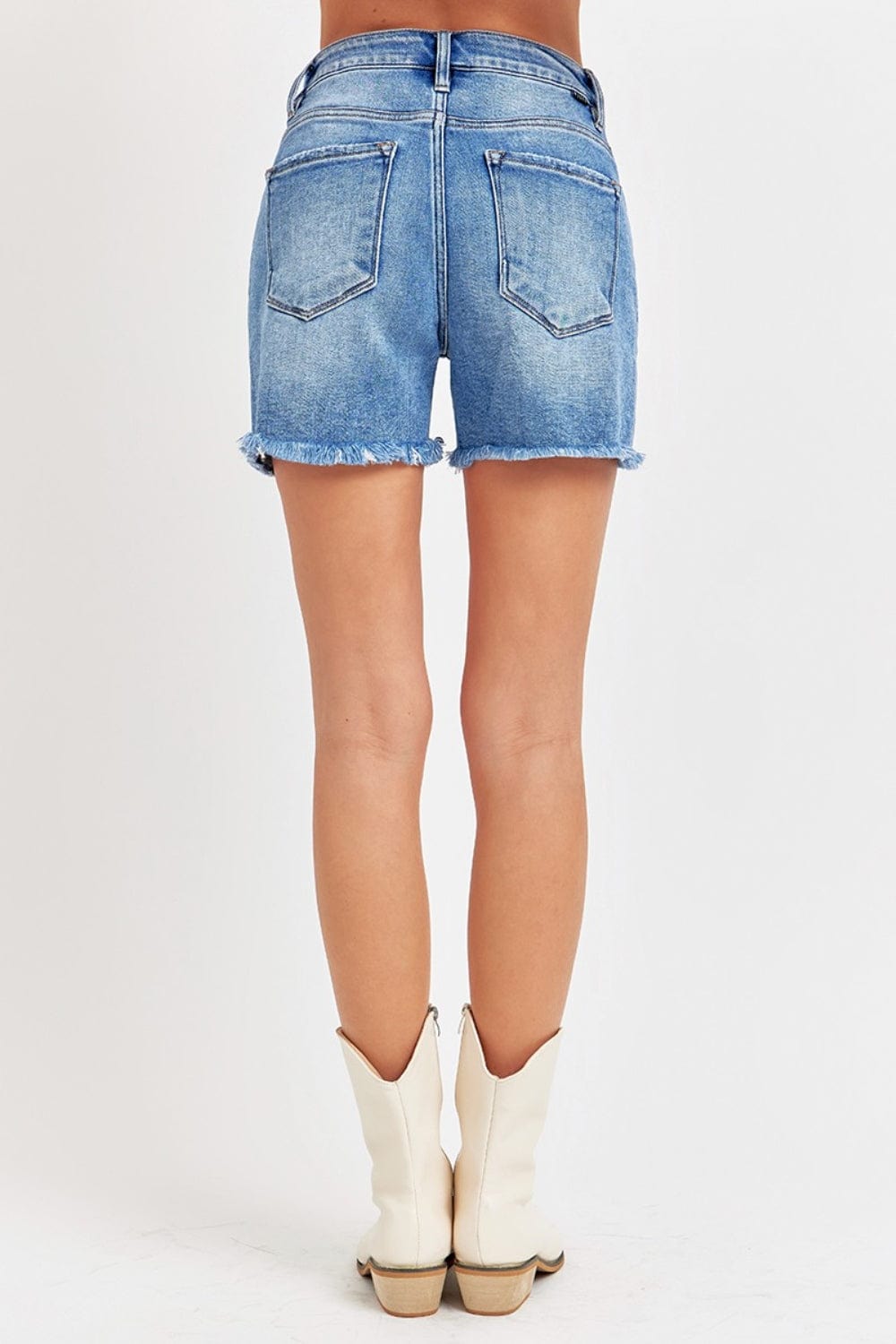 Antique White RISEN Front Slit Raw Hem Denim Shorts