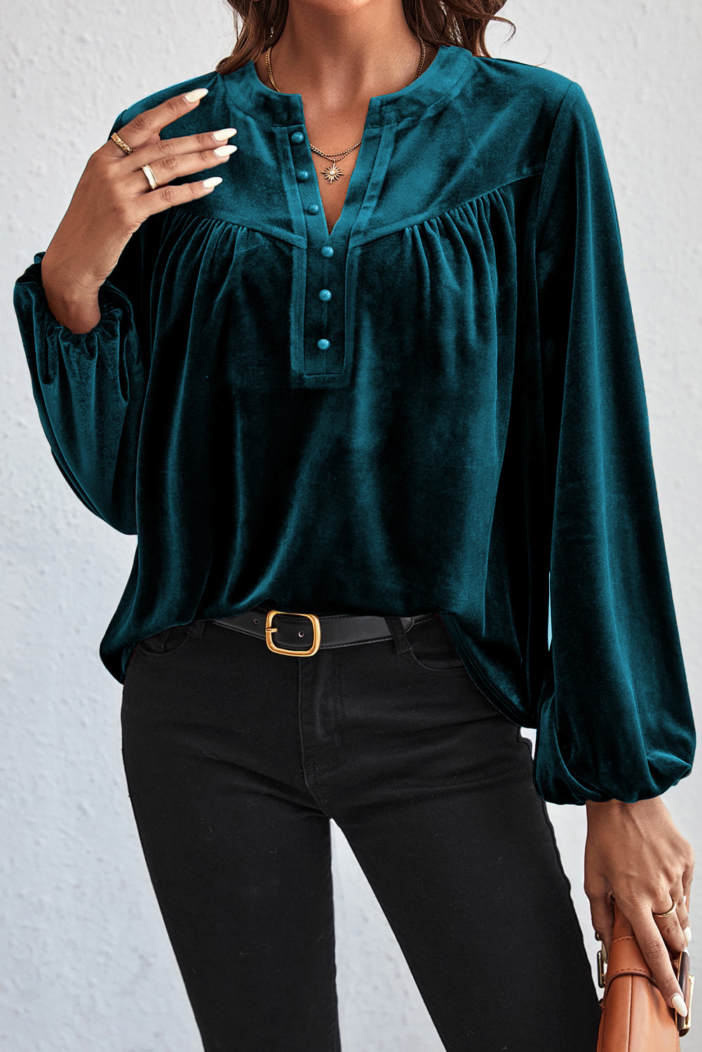 Black Ruched Decorative Button Notched Blouse Sentient Beauty Fashions Apparel &amp; Accessories