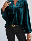 Black Ruched Decorative Button Notched Blouse Sentient Beauty Fashions Apparel & Accessories