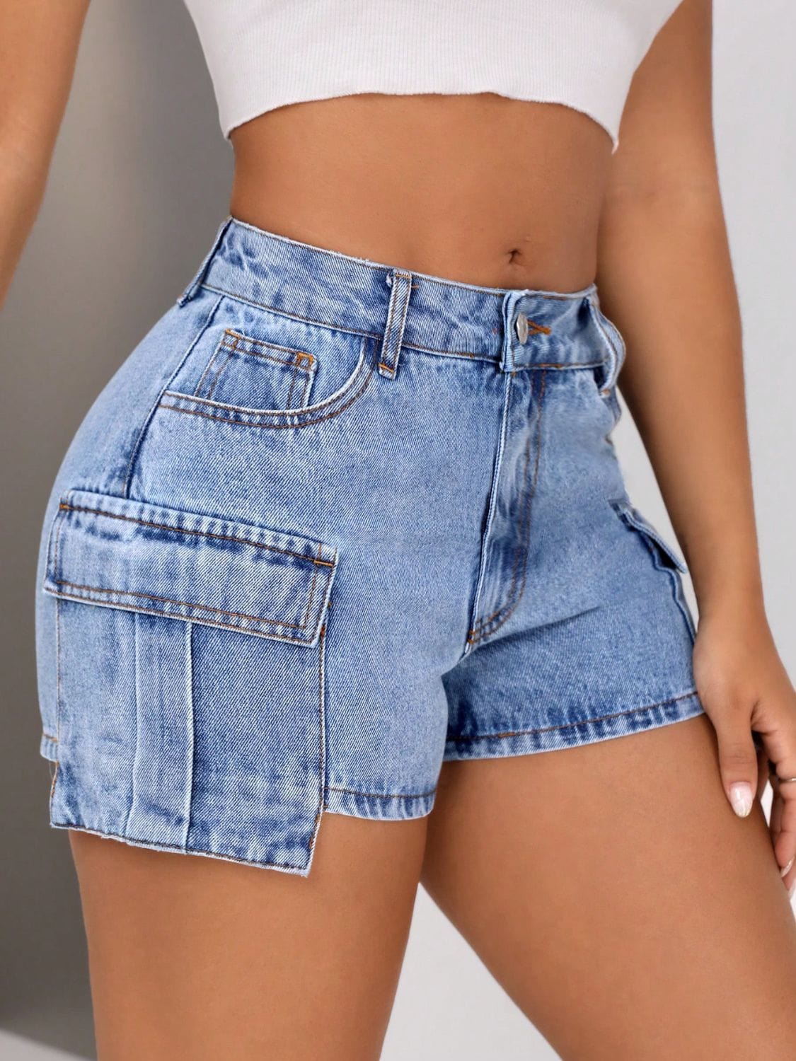 Dim Gray Mid-Rise Waist Denim Shorts with Pockets