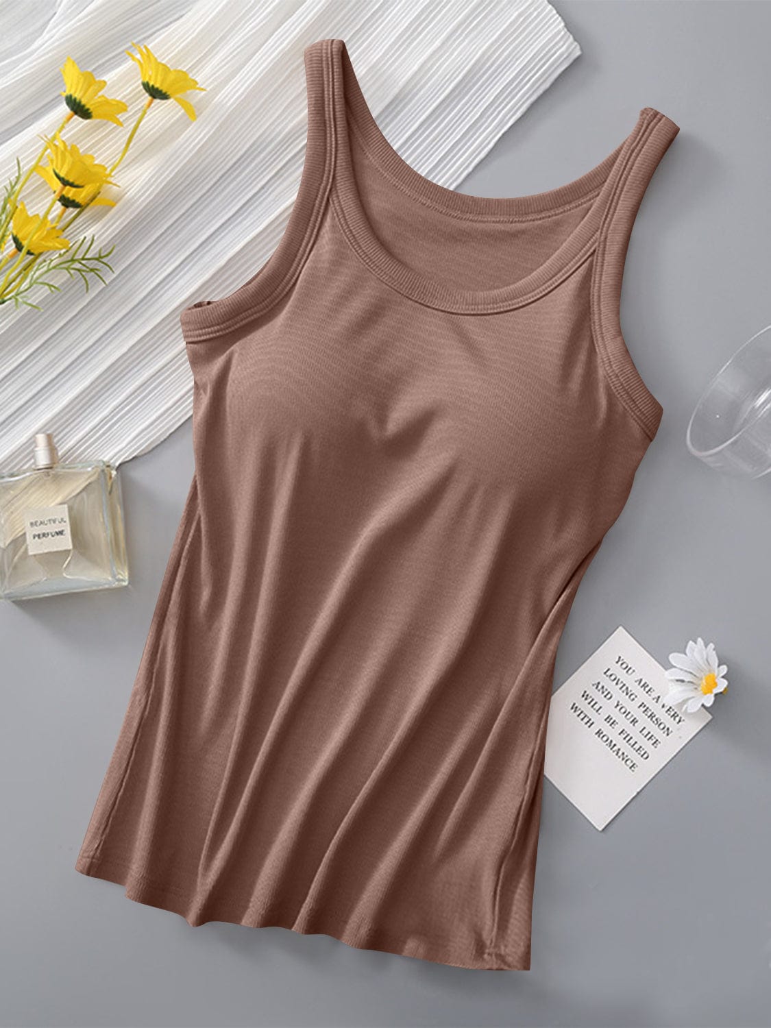 Rosy Brown Round Neck Tank with Bra