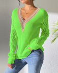 Dark Sea Green Openwork V-Neck Long Sleeve Sweater