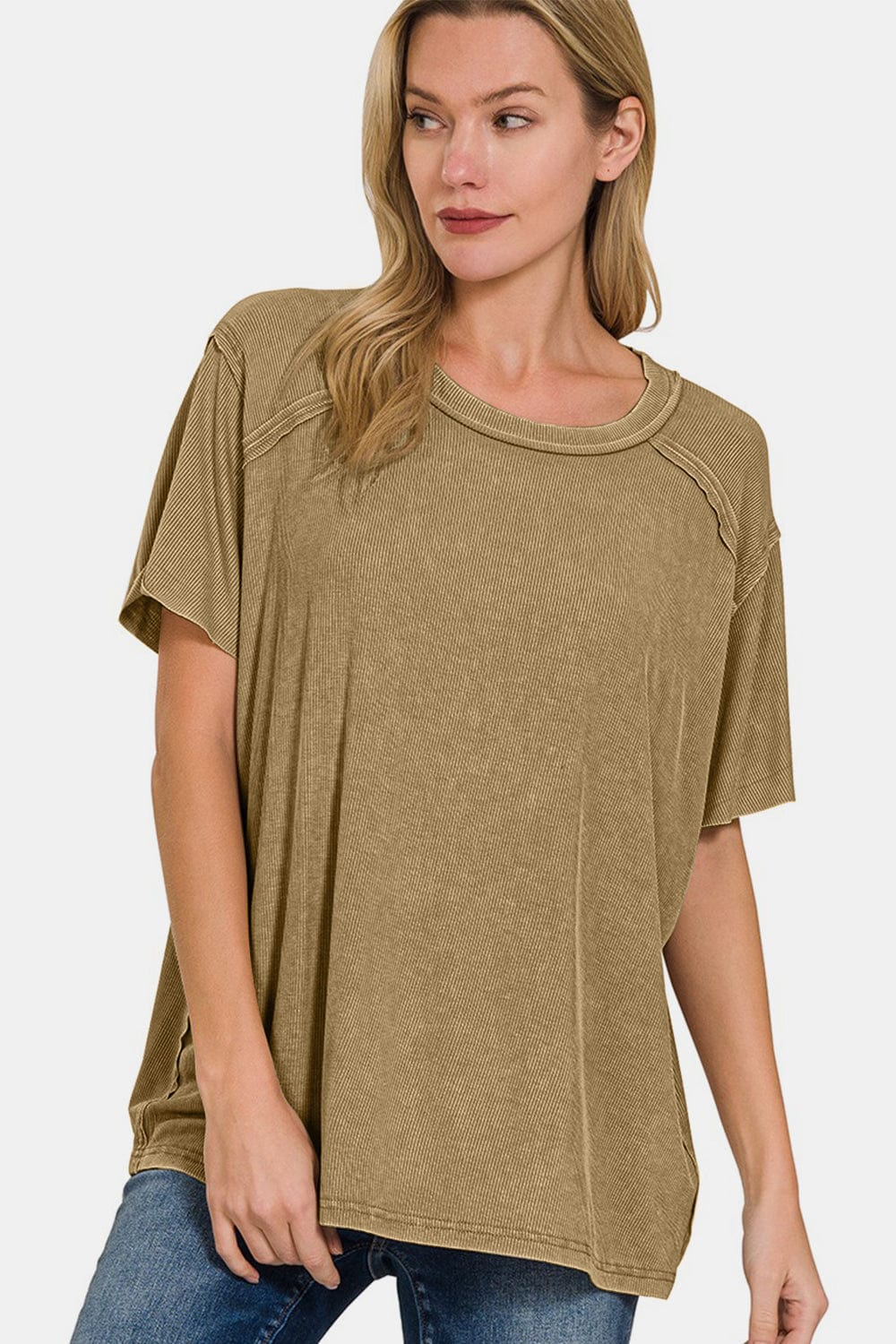 Rosy Brown Zenana Washed Ribbed Short Sleeve Top