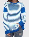 Slit Exposed Seam Striped Long Sleeve Sweatshirt