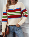 Contrast Stripes Round Neck Long Sleeve Sweater