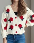 Flower Button Down V-Neck Long Sleeve Cardigan